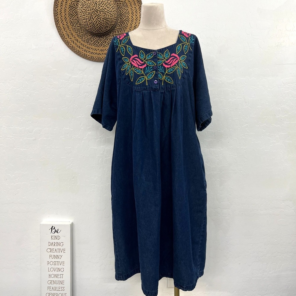 Naqui New York oversized denim dress M Embroidery Boho Cottage Farmhouse western